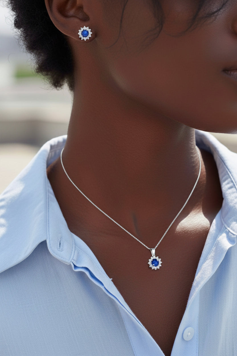 Ensemble Fleur Saphir – Argent Blanc